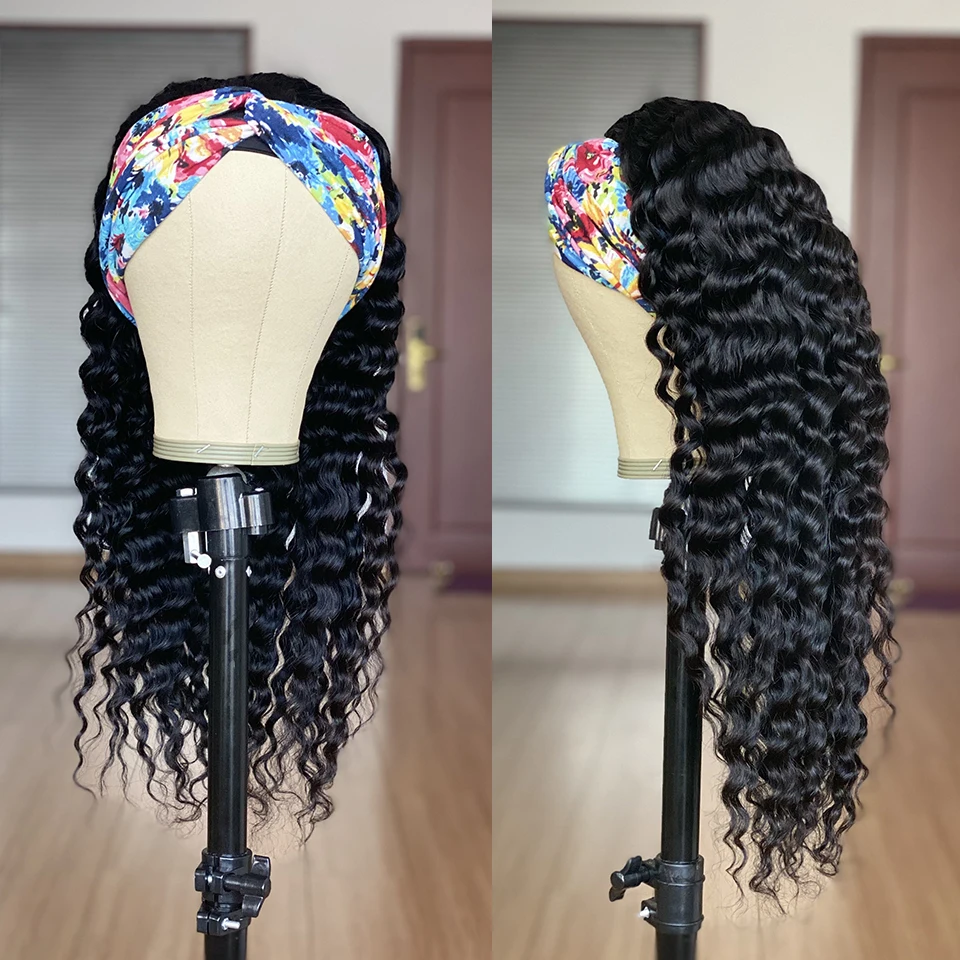 Aliballad Deep Wave Headband Wig Human Hair Glueless Machine Wigs Brazilian Remy For Women 12 to 36 Inch | Шиньоны и парики