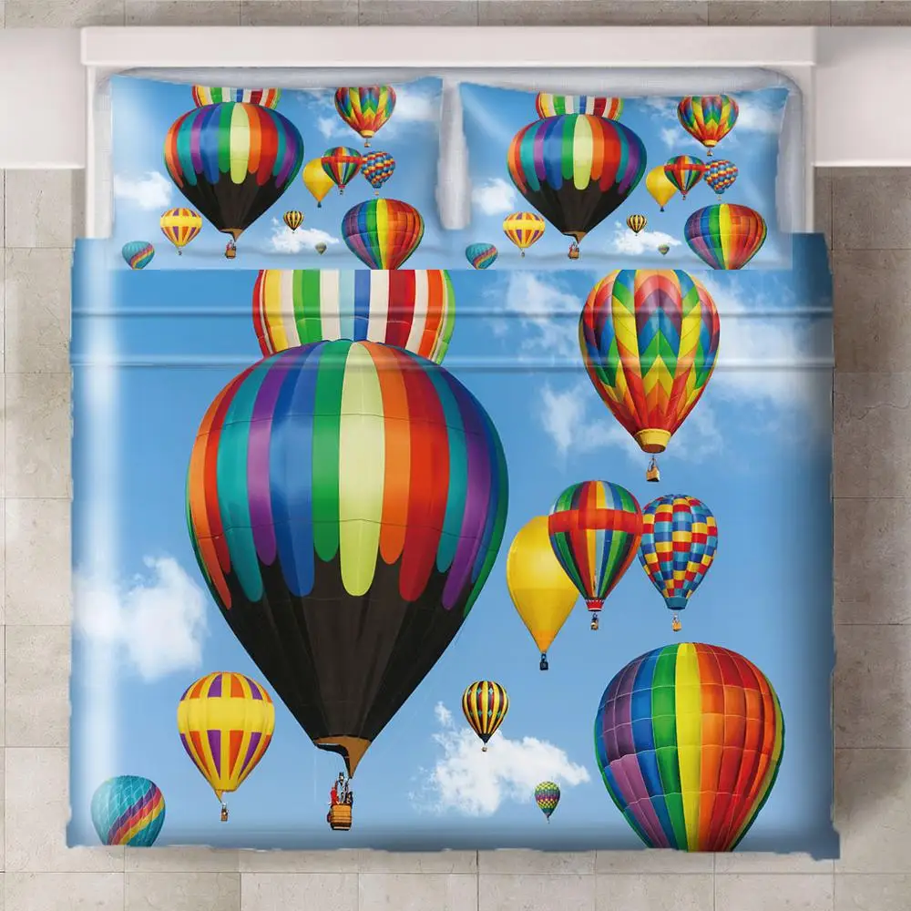Rainbow Hot Air Balloon Blue Sky 3Pcs/Set Cartoon Bedding Set Sheet Children Room Bed Pillow case | Дом и сад
