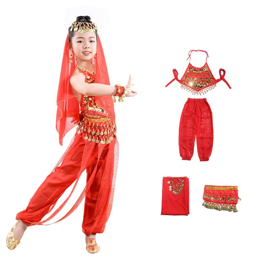 Детский костюм для танца живота с блестками комплект одежды выступлений из майки