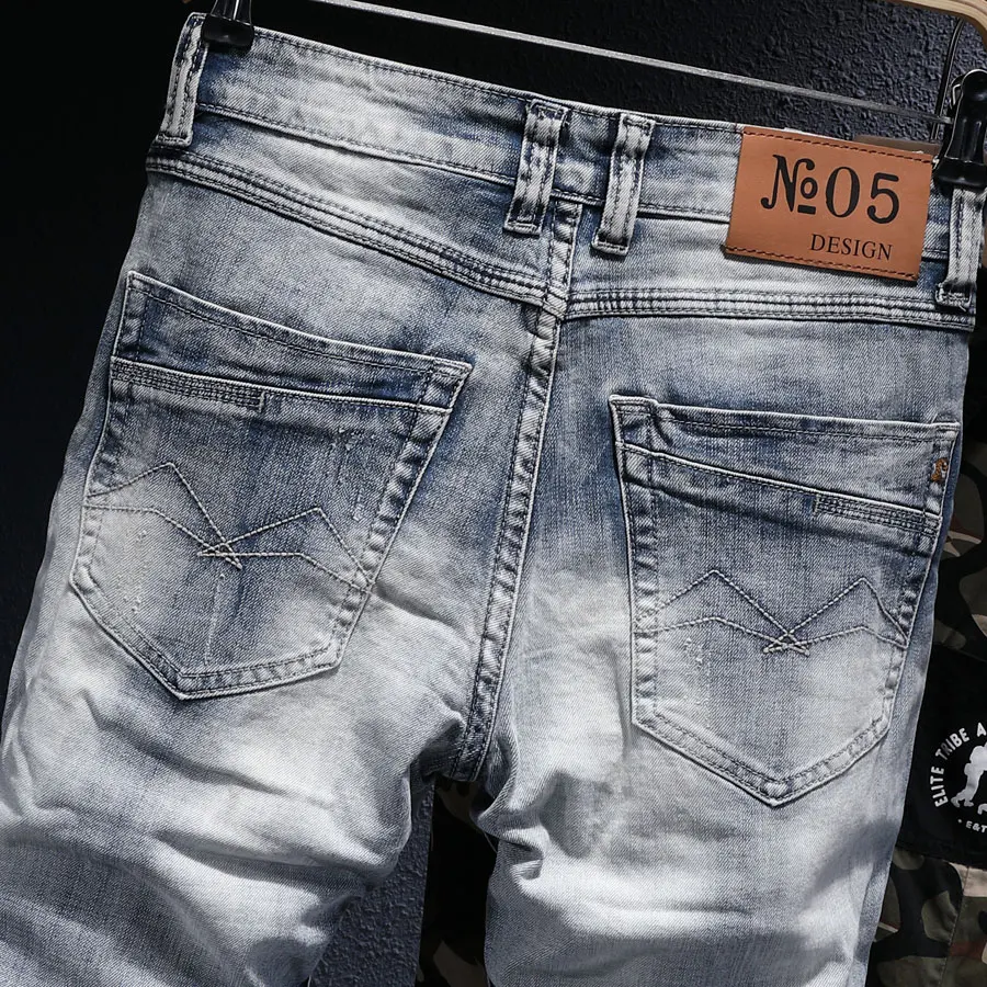 European Street Fashion Men Jeans Retro Light Blue Elastic Slim Ripped Jeans Men Embroidery Designer Hip Hop Denim Pencil Pants