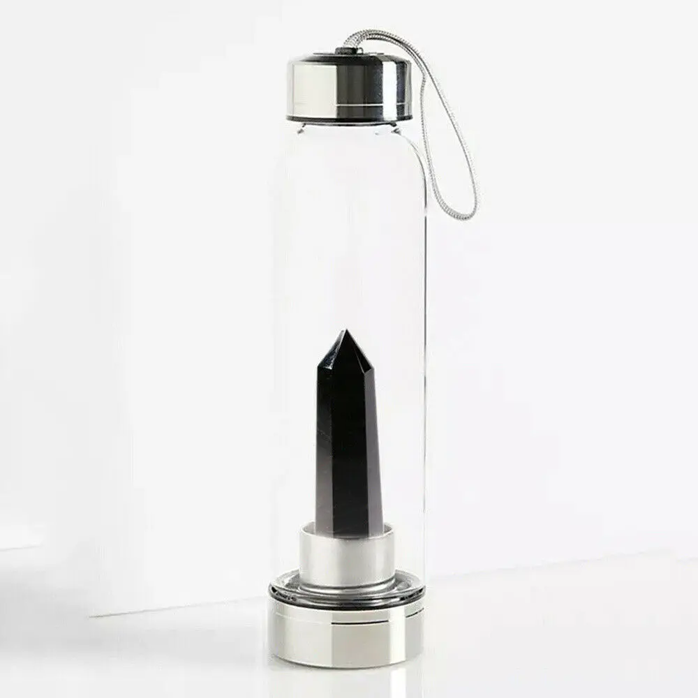Black Obsidian 500 мл, бутылка для воды из натурального кварца, кристалл, камень, обелиск, натуральная энергия, гравий, драгоценный камень, стеклянная чашка, для спорта на открытом воздухе, дома, подарок - Цвет: Black Obsidian