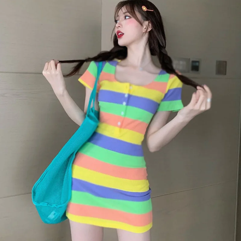 

Women's Rainbow Stripe Slim Sexy Short Sleeves Above Knee Dress Casual U-Neck Summer Bag Hip Dresses 2021 New Arrivals