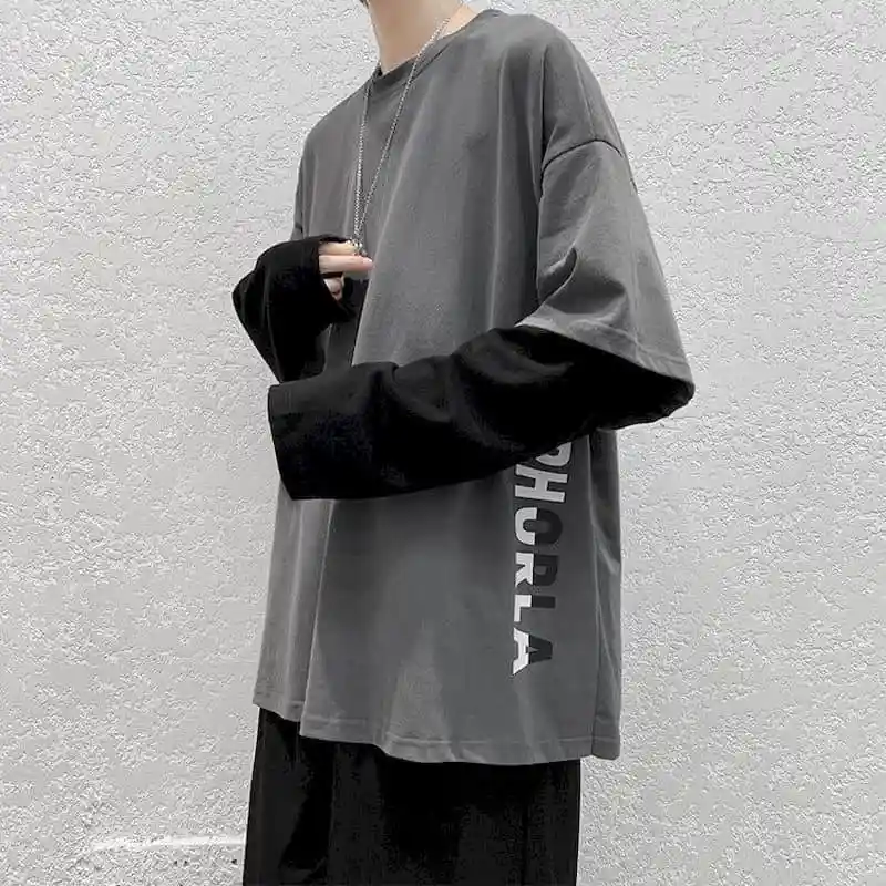 

Футболка в стиле панк для мужчин Одежда Harajuku BF Свободные Hong Kong на каждый день комплект платья из двух частей, футболка с длинным рукавом мужс...