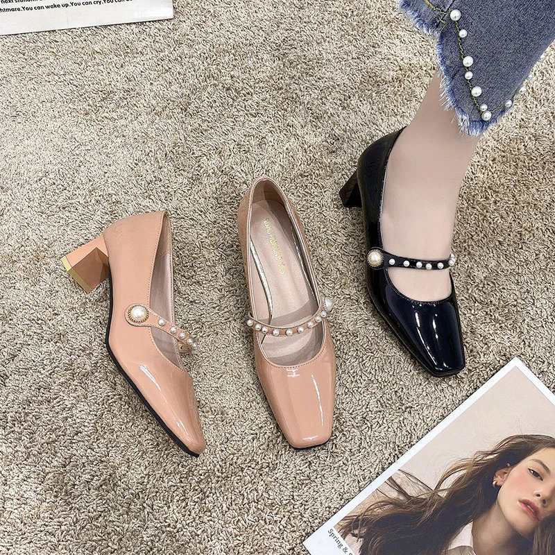 

Square Toe Casual Heels Lolita Shoes Branded Pumps Slip On Lace-Up 2021 Sweet Chunky Sandals Clogs for Women Shallow Mouth All-M