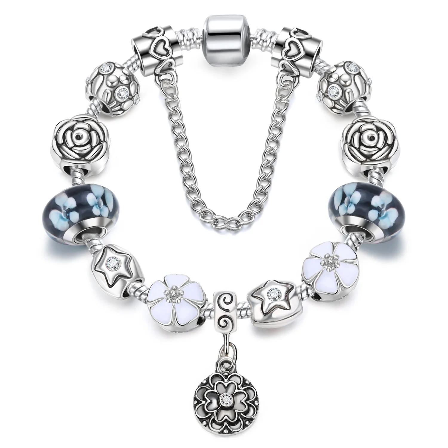 

Authentic DIY Charms Bracelet For Women Beads Filled Silver Color Hand Chain Flower Beads Bracelets Fashion Fine Jewelry Gifts