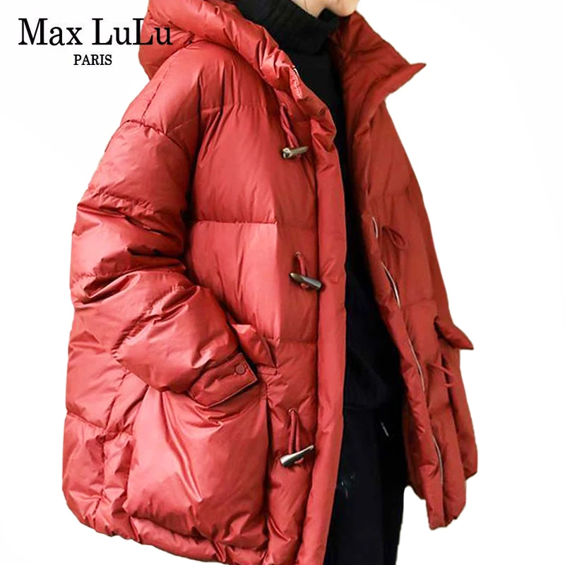 

Max LuLu 2021 New Red Hooded Winter Jacket Women Buttons Casual Loose Padded Coat Ladies Harajuku Vintage Parka Solid Clothing
