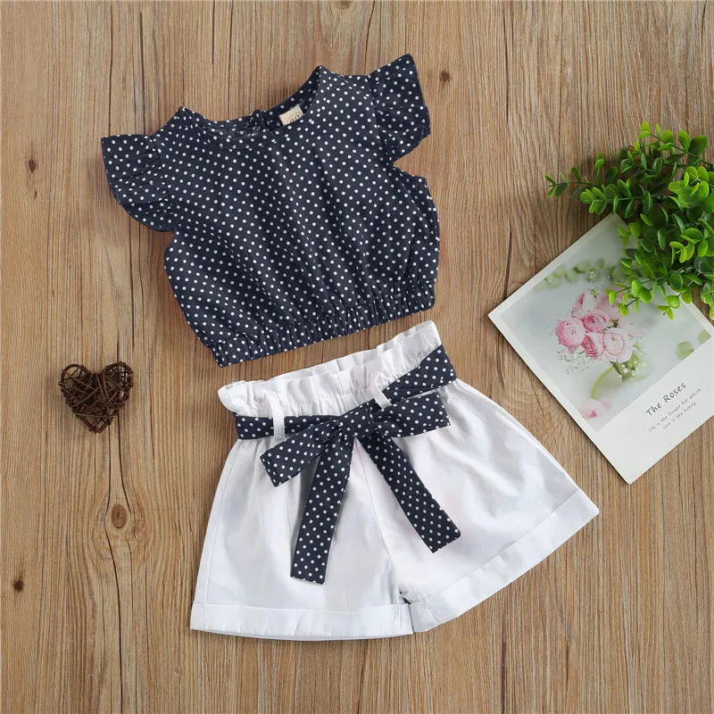 

1-5Y Lovely Kids Girls Clothes Sets Summer Short Sleeve Polka Dot Printed Flying Sleeve T Shirts Tops Elastic Shorts 2Pcs Suit