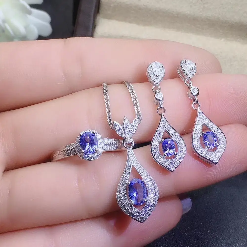 

KJJEAXCMY fine jewelry 925 Sterling Silver Natural Tanzanite Girl Ring Pendant Earring Necklace 3 Piece Set Water Drop New Suppo