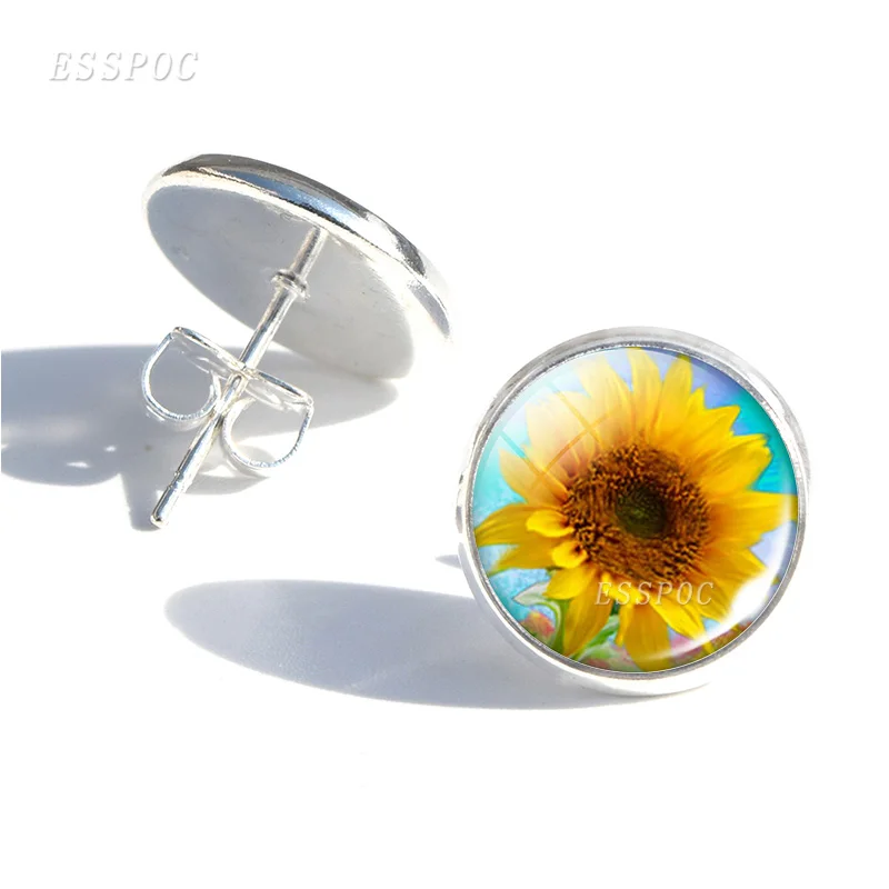 Fashion Sunflower Simple Style Stud Earrings Women Glass Cabochon Jewelry Findings Van Gogh Flower Earings Gifts | Украшения и