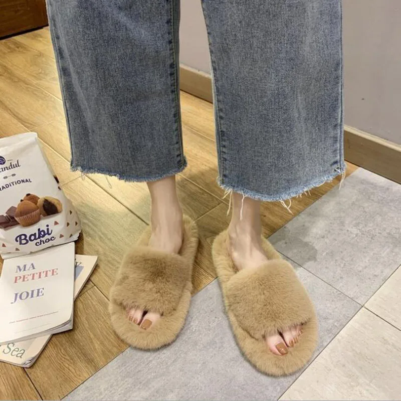 

Faux Suede Home Women Full Fur Slippers Winter Warm Plush Bedroom Non-Slip Couples Shoes Indoor Ladies Furry Slippers