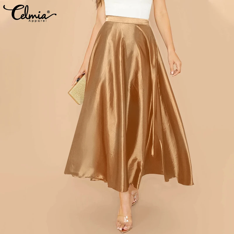 

2022 Celmia Fashion High Waist Satin Skirts Women's Elegant Party Maxi Skirt Female Casual Solid Color A-line Skirt Streetwear