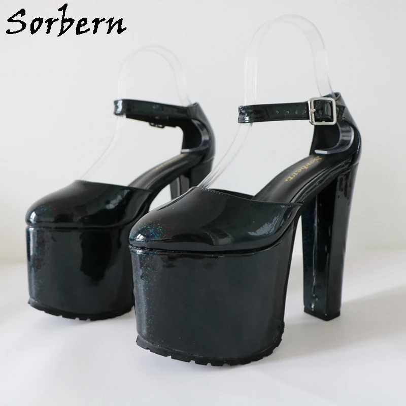Sorbern Holo Glitter Women Pump Block High Heels Ankle Straps TPU Rubber Sole Thick Platform Chunky Heeled Shoes Fetish Style