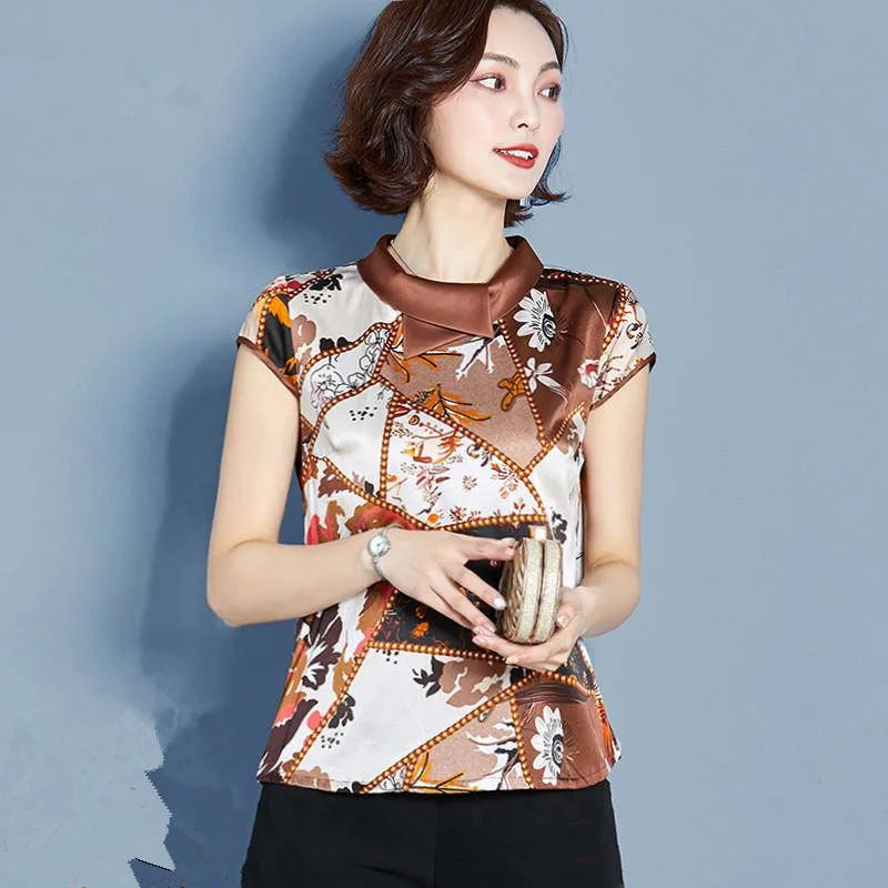 Vintage Style Women Imitate Silk Blouses Shirts Lady Casual Peter Pan Collar Short Sleeve Blusas Tops DF2925 | Женская одежда