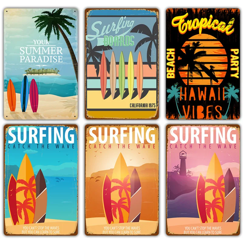 

Vintage Hawaii Surf Time Metal Tin Signs Wall Art Painting Plate Seaside Beach Poster Plaque for Bar Pub Club Surf Shop Decor