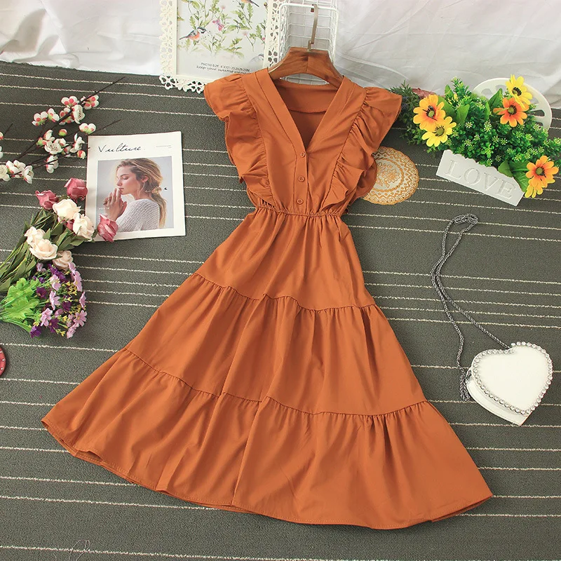 

Women's 2021 New Spring Summer High Waisted V Neck Ruffled Sleeveless Dress Solid Casual High Waist Ladies Dress