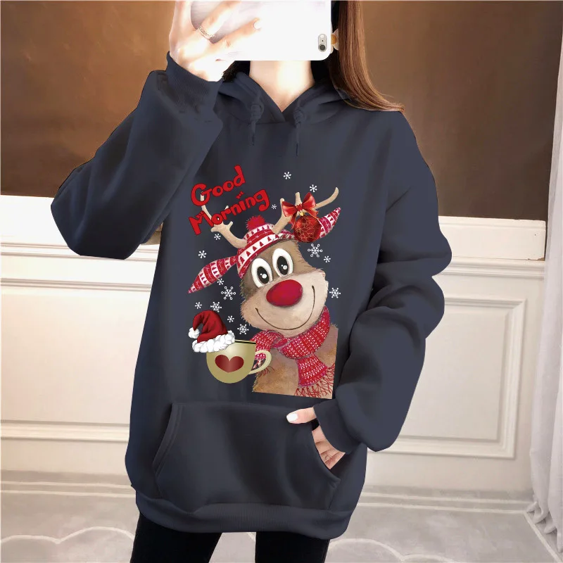 

Женская толстовка с капюшоном, модные топы, плюшевый свитер с принтом рождественской улыбки и лося, милый Свободный пуловер с длинным рукав...