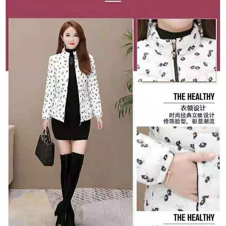 

down Cotton -Padded Coat for Women Thin Lightweight Short Type White with Printed Pattern Cotton -Padded Coat Season Cotton -Pad