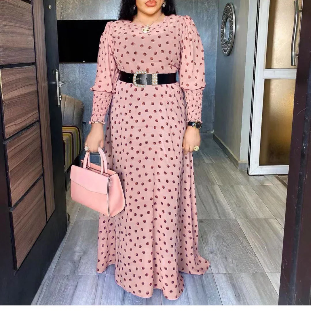 

Women Polka Dot Print Dress O Neck Waist Belt Long Sleeve Fit And Flare Summer Fall Dresses Long Elegant Casual Female Robes