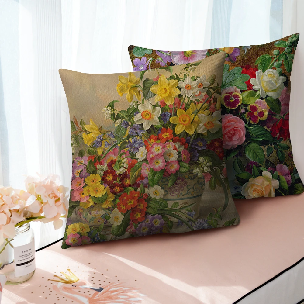 

Льняная наволочка для подушки Fuwatacchi, Цветочная винтажная наволочка для домашнего стула, дивана, декоративные подушки с масляной живописью, ...