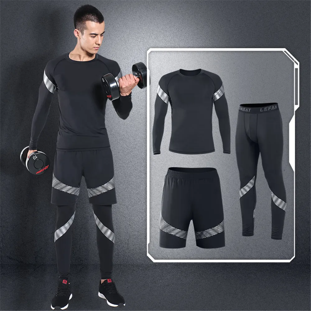 WWKK Men Sports Set Tracksuits Compress Shirt Fitness Pants Skin Tight Long Sleeves Elastic Clothing Male Gym Yoga Sets | Спорт и