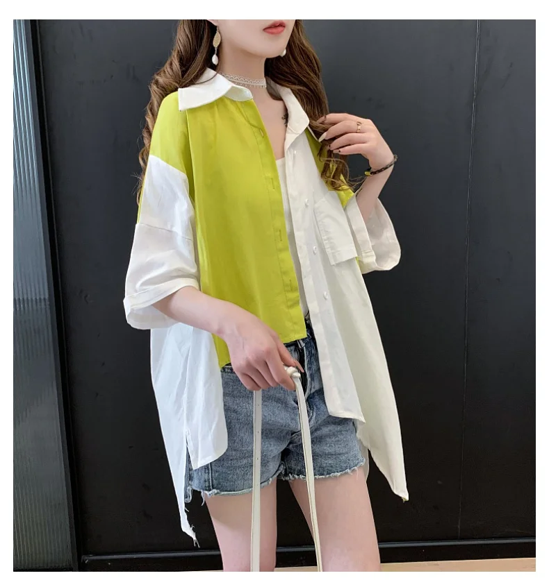 

2021 Spring Summer Ladies Irregular Fake Two Pieces Short Sleeve Shirt Women New Loose Patchwork Blouses Fashion Streetwear Top
