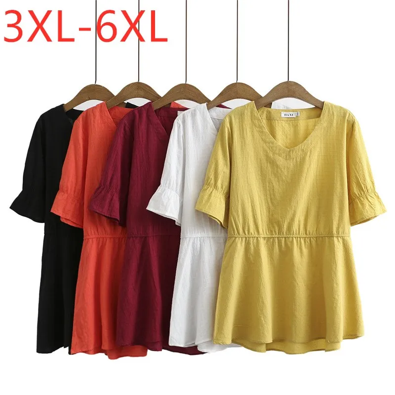 

Блузка женская хлопковая, желтого и красного цветов, с коротким рукавом, V-образным вырезом и оборками, большие размеры 3XL, 4XL, 5XL, 6XL, лето 2021