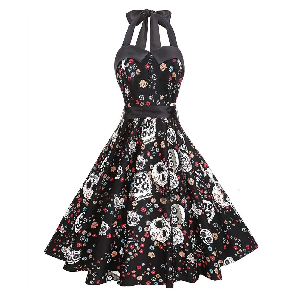 Retro Vintage Holiday Party Gothic Dress 50s The Nightmare Before Christma Skull Jake 3D Print Sleeveless Skater Pleated Dresses