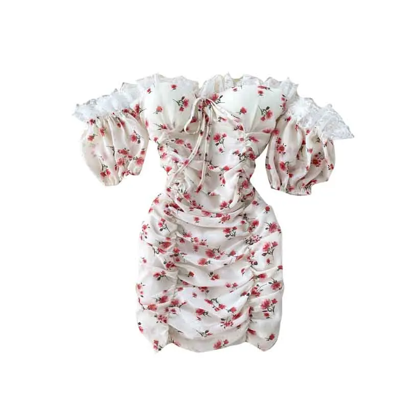 

women casual dress summer 2020 korean slash neck floral evening dresses pleasted bag hip mini dresses female fashionable robe