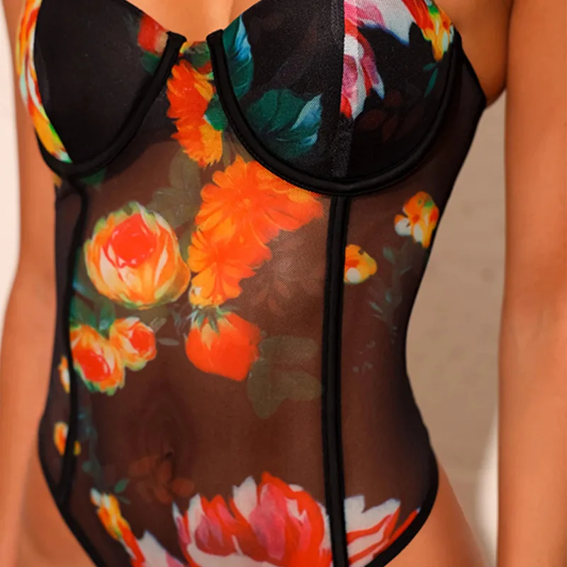 Cryptographic Floral Embroidery Sheer Mesh Black Bodysuits Sexy Party Club Women Tops See Through Teddies Female High-Cut Body