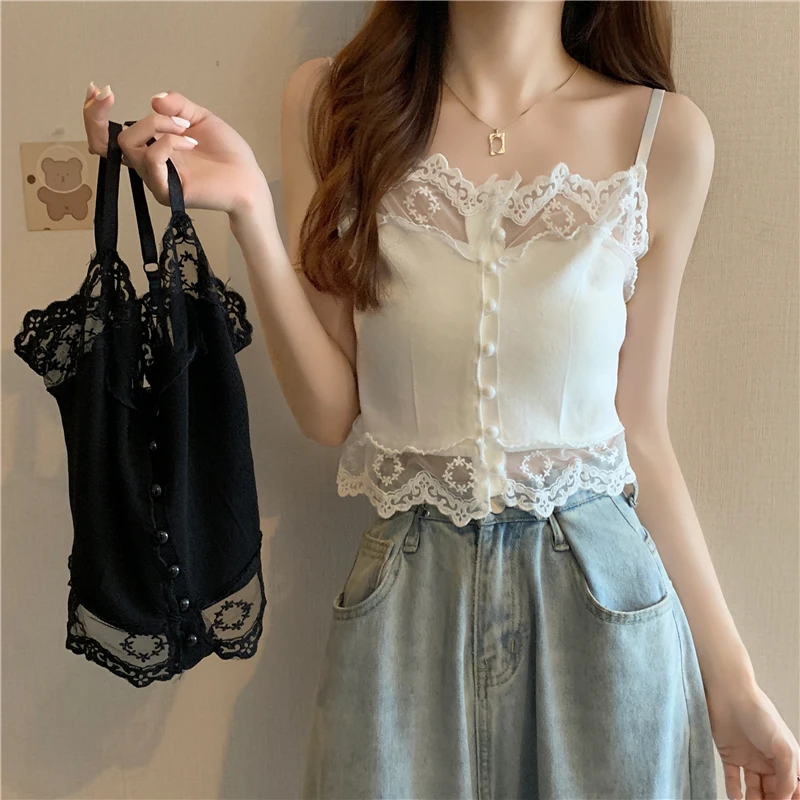 Short Outerwear Small Camisole Lace Stitching Knit Bottoming Tops Women Summer Blouse Chic Ladies Shirts Hollow Out Korean Style