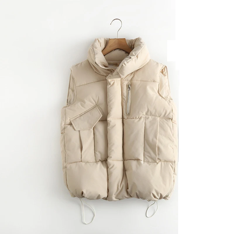 

2021 Autumn Winter Cotton Women's Vest Jacket Stand Up Collar Drawstring Bodywarm Plus Size 2XL Pocket Waistcoat Padded Jacket