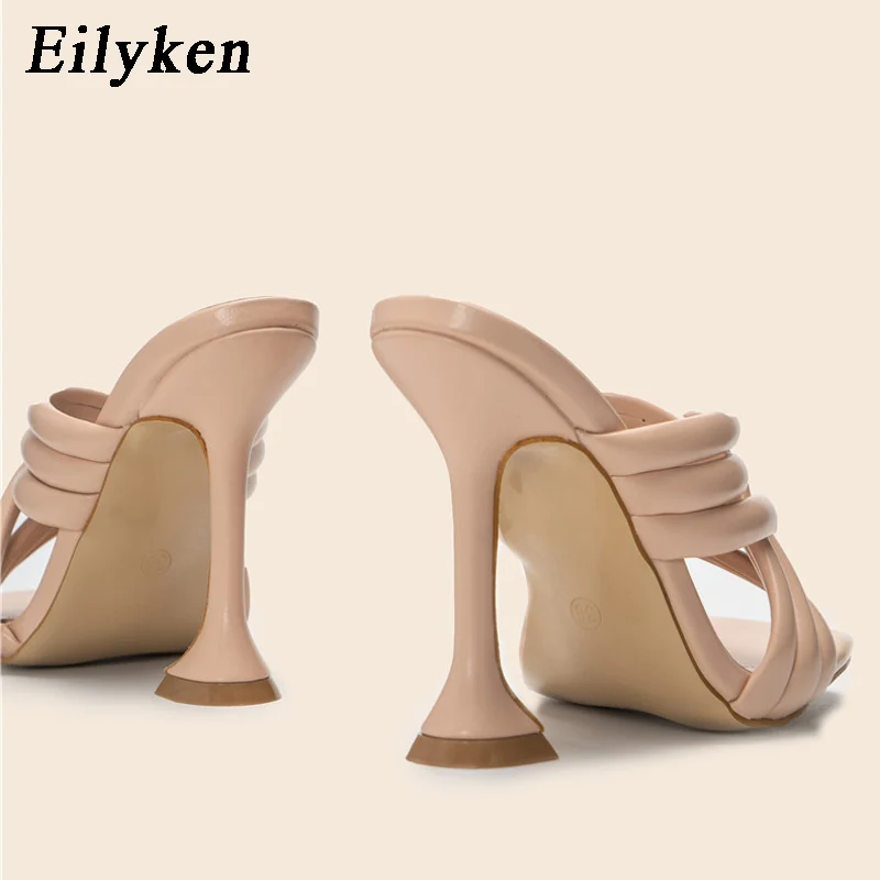 

Eilyken Summer New Women Slippers Cozy Soft PU Leather Square Toe Female Fashion Narrow Band Hollow Out High Heels Party Shoes