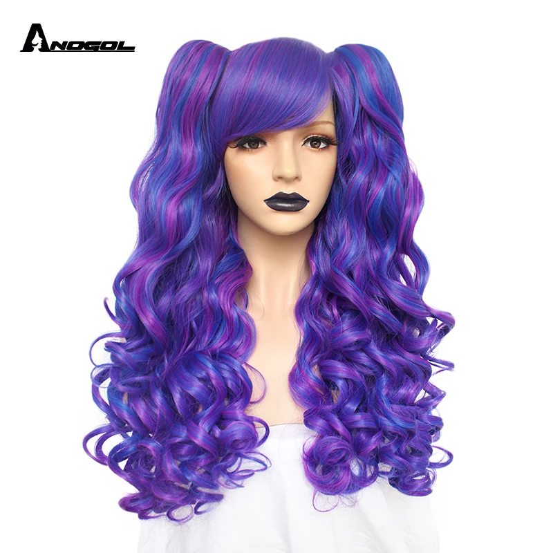 Purple ANOGOL длинные волнистые Лолита высокая температура волокно коричневый розовый красный черный блонд многоцветные синтетические Косплей парики 2 хвоста - Цвет: Purple