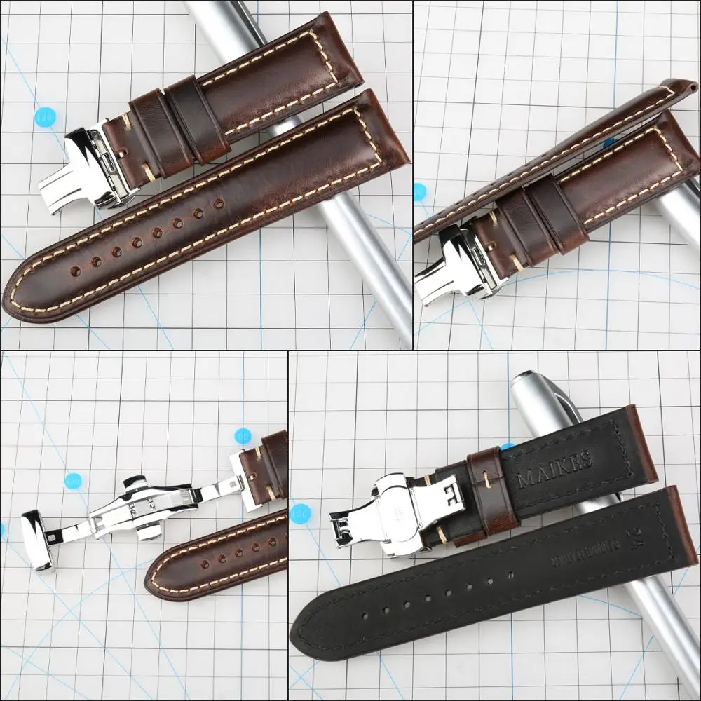 Maikes Handmade Genuine Leather Watchbands 18mm 20mm 22mm 24mm Universal Butterfly Buckle Watch Strap Brown Men Smart Watch Band
