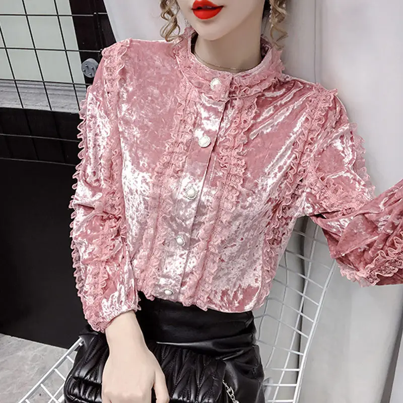 Женская бархатная блузка с длинным рукавом свободная кружевная длинными