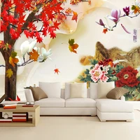 custom mural wallpaper 3d chinese style peony flower maple leaves landscape tv background photo for living room papel de parede