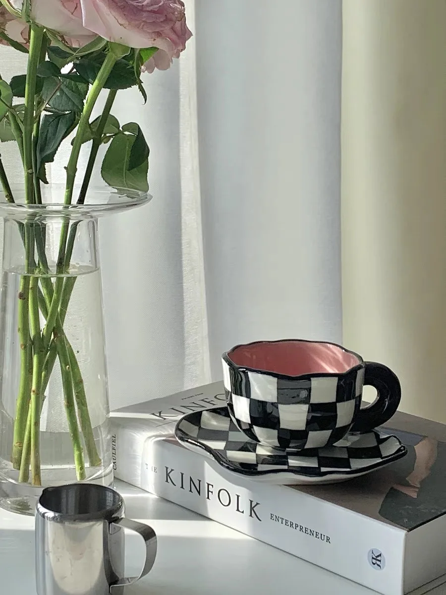 Black White Checkerboard Lattice Mug Ceramic Cup Ins Style Coffee Dish Creative New Water Plate Drinking Set | Дом и сад