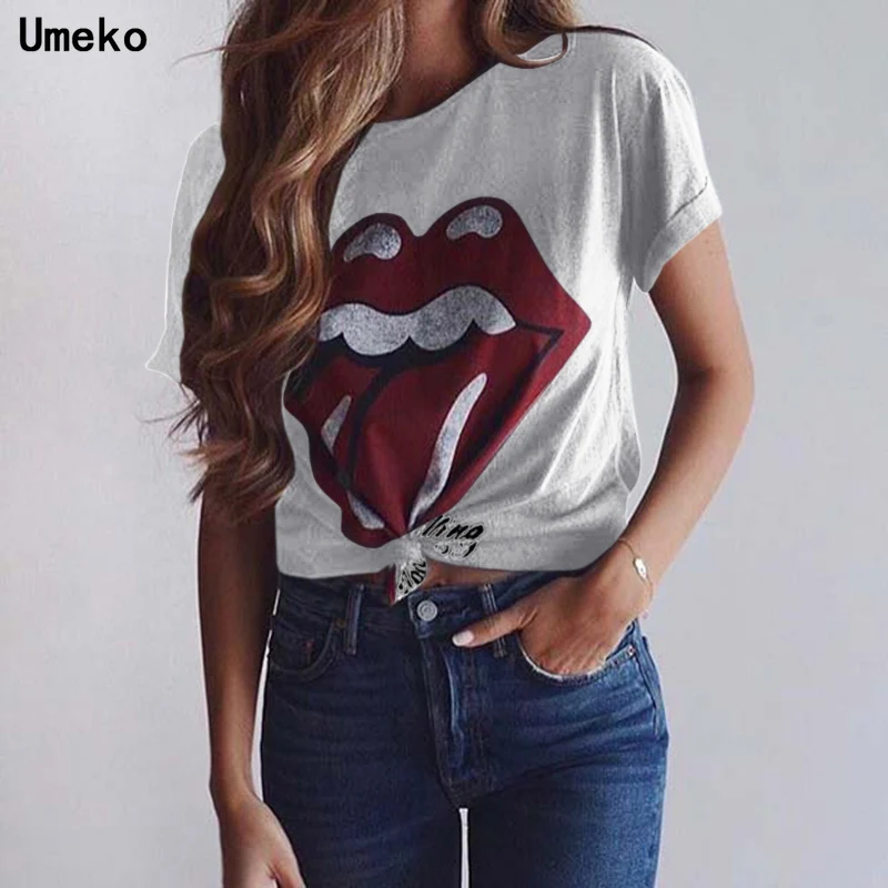 Женская футболка с коротким рукавом Umeko повседневная черная принтом губ языка