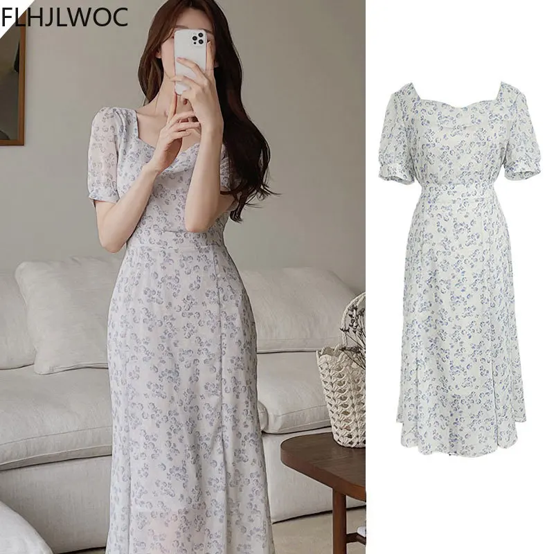 

Chic Korean Clothes Design Summer Womens Lace-Up Tie Office Elegant Lady Floral Printed Retro Vintage Flower Long Dress