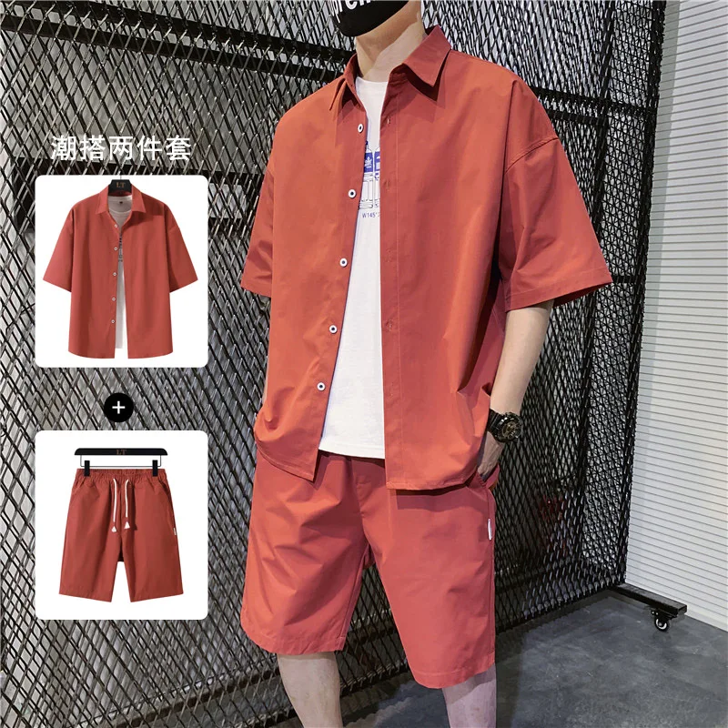 

2021 New Casual Suit 2 Sets Leisure Solid Streetwear Suit Fitness Summer Men Shorts + Shirt High Quality Sets