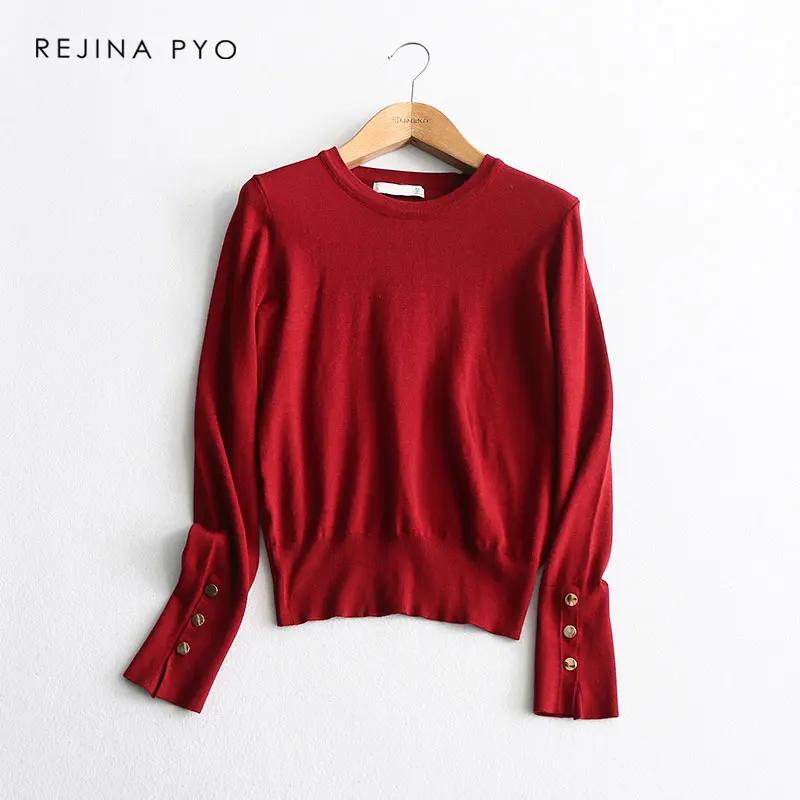 BIAORUINA Women Solid Basic Casual O-neck Knitted Sweater Mental Buttons Decoration Female All-match Everyday Pullovers | Женская одежда