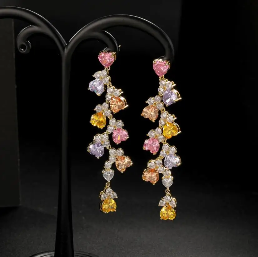 

Fringe Luxury New elegant long heart-shaped zircon earrings Fashion All-match elehant Women banquet dress eardrop