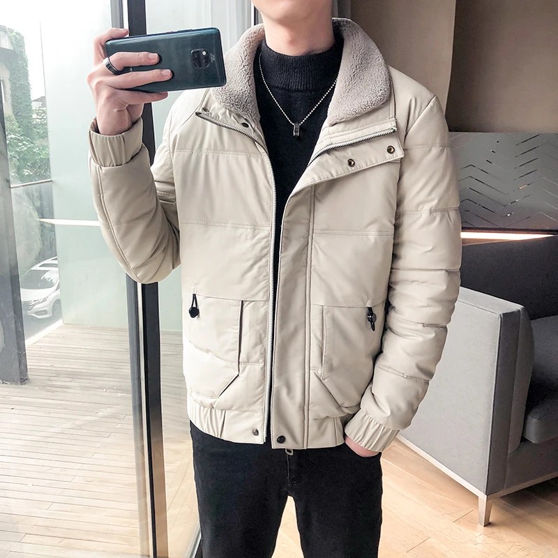 Зимний теплый мужской мотоциклетный кожаный пуховик пальто с воротником из