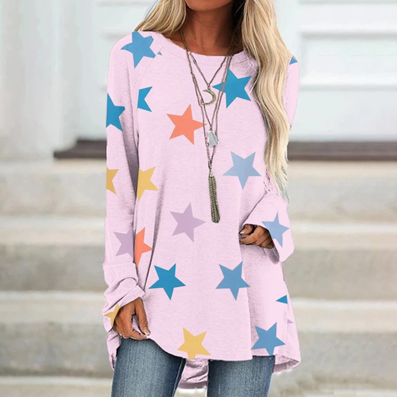 

Heart Print Women Blouse Shirt 2021 Spring O-Neck Long Sleeve Pullover Top Lady Casual Long Shirts Autumn Femme Blusa Plus Size