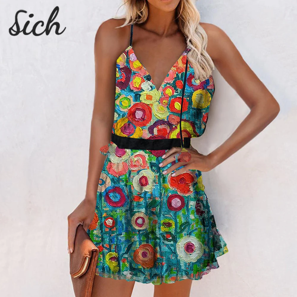 

Summer Sundress For Female Sling Dress Sexy V-neck Strapless Plus Sizes Colorful Floral Suspenders Waist High A-line Dresses 3XL