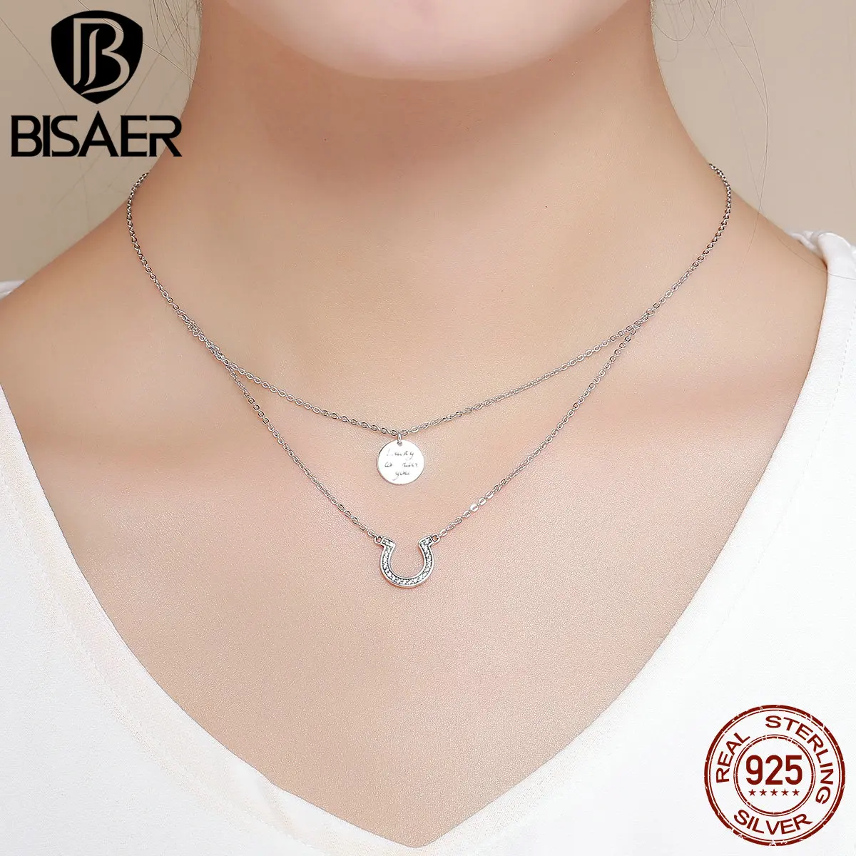 BISAER, 925 пробы, серебряное, круглое и счастливое, подкова, Двухслойное звено, ожерелье, модное, для женщин, шикарное, хорошее ювелирное изделие, подарок, GXN235