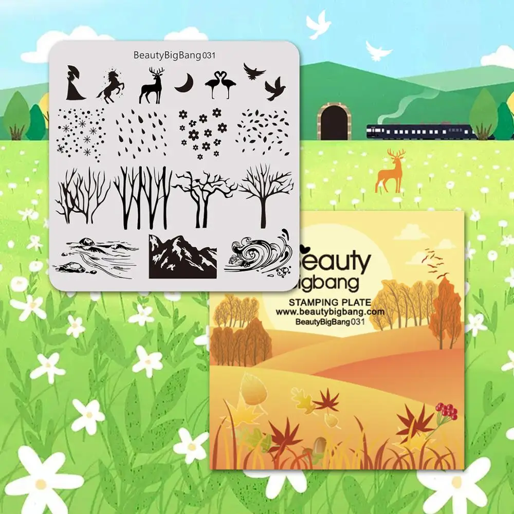 Beautybigbang штампованные пластины новый стиль Олень дождь дерево река Единорог