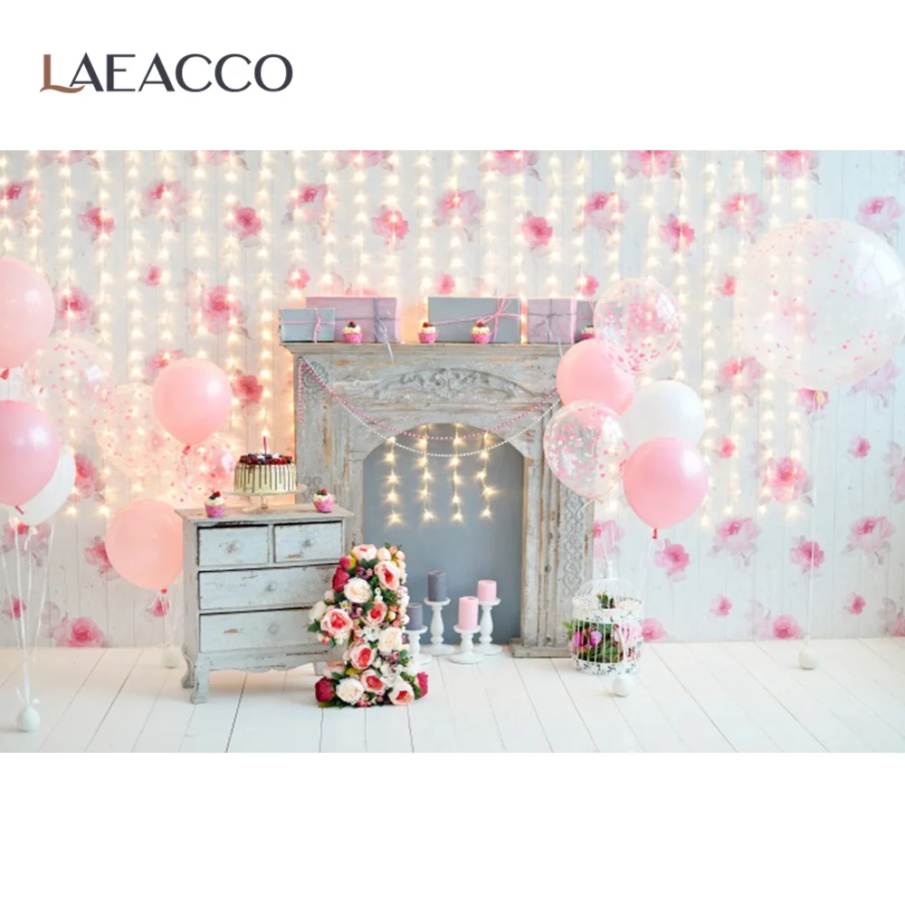 

Laeacco Pink Balloons Gold Shiny Bulb Light 1st Birthday Party Floral Cake Fireplace Stage Baby Photo Background Photo Backdrops