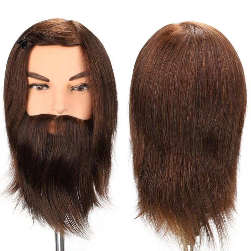 Мужская Тренировочная голова-манекен из темно-коричневых волос с бородой