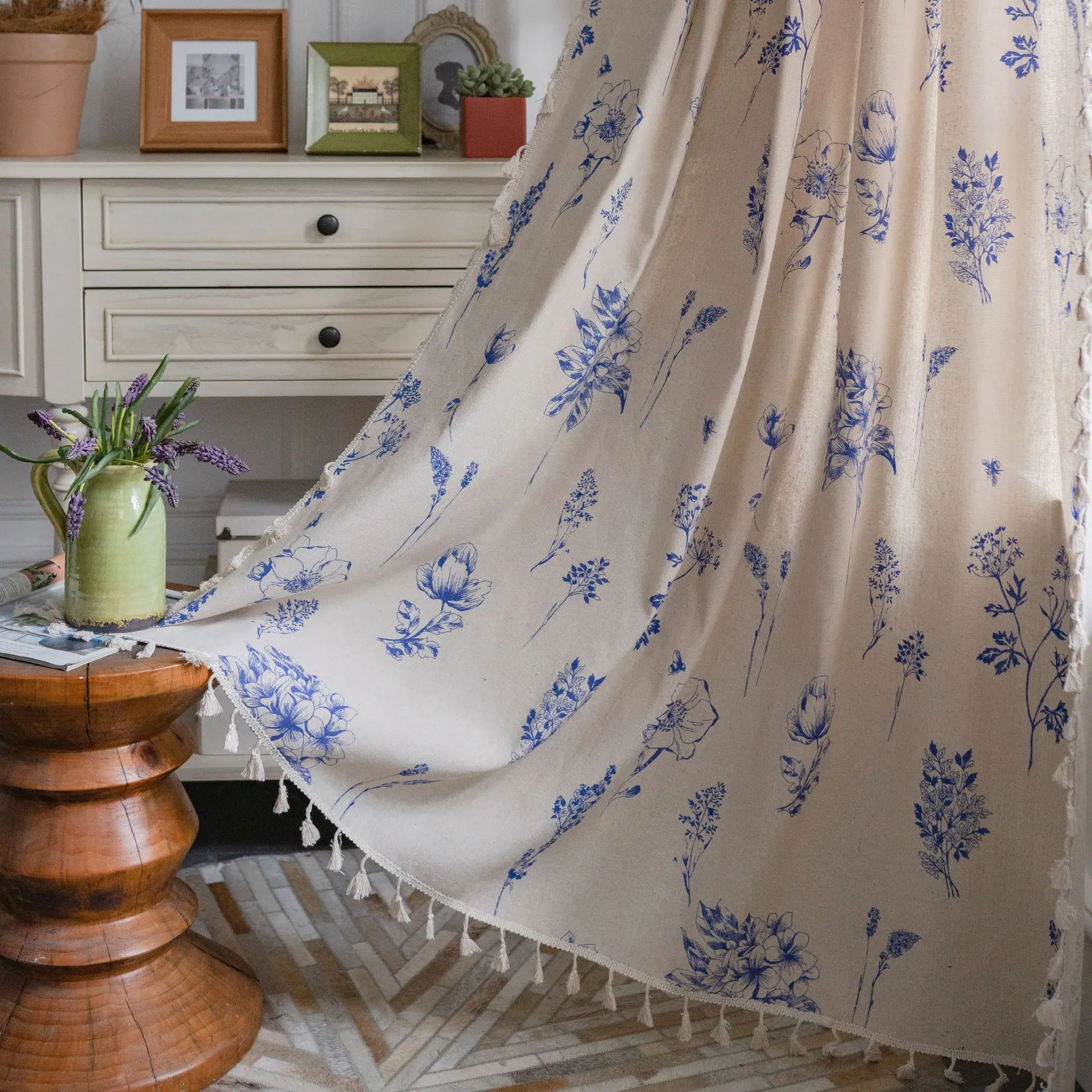 

Curtains for Living Dining Room Bedroom New American Country Style Blue Flowers Printed Finished Kitchen Semi-shading Windows